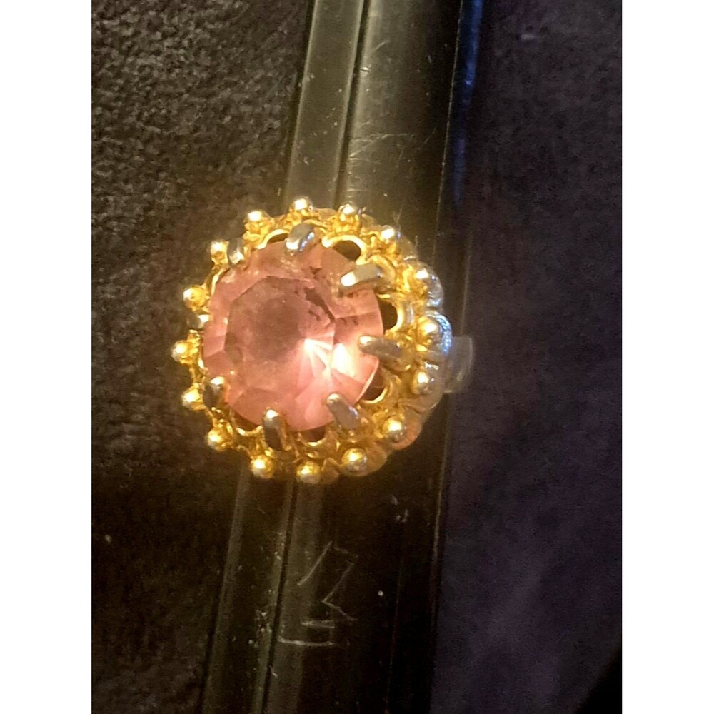 Vtg Mid Century Crown Bezel Cocktail Ring Pink Stone Adjustable 7.5